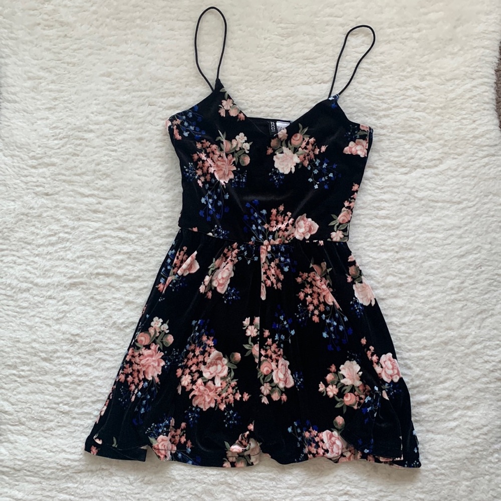 H&M black velvet romper with light pink flowers